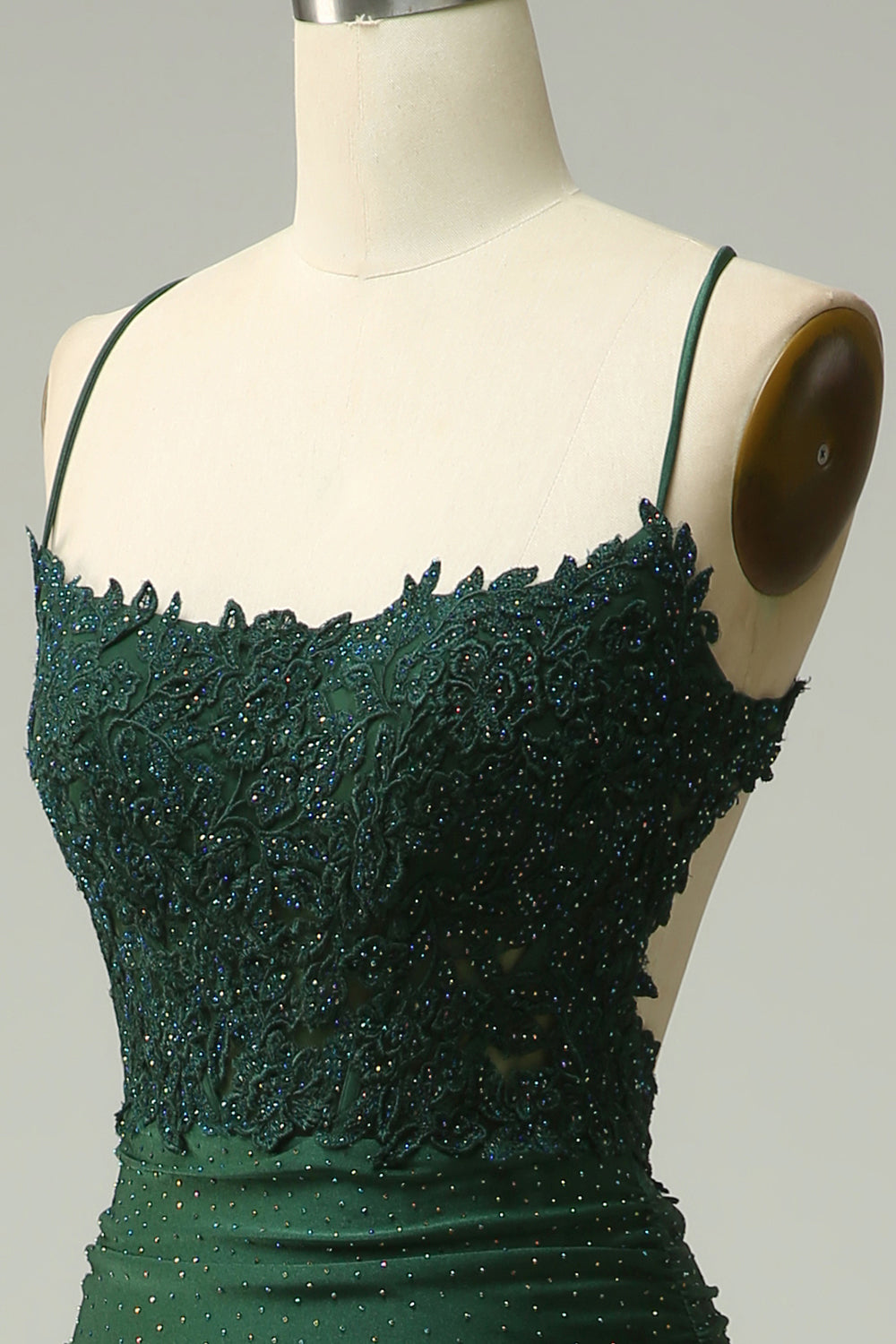 Robe de Bal Longue Sirène Vert Foncé avec Col Halter, Appliques et Perles