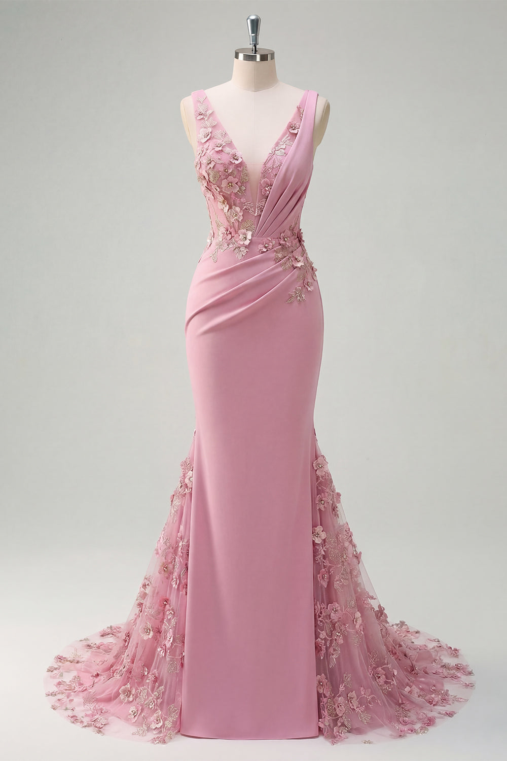 Mermaid Taro V-Neck Ruched Long Prom Dress with Appliqued 3D Flowers
