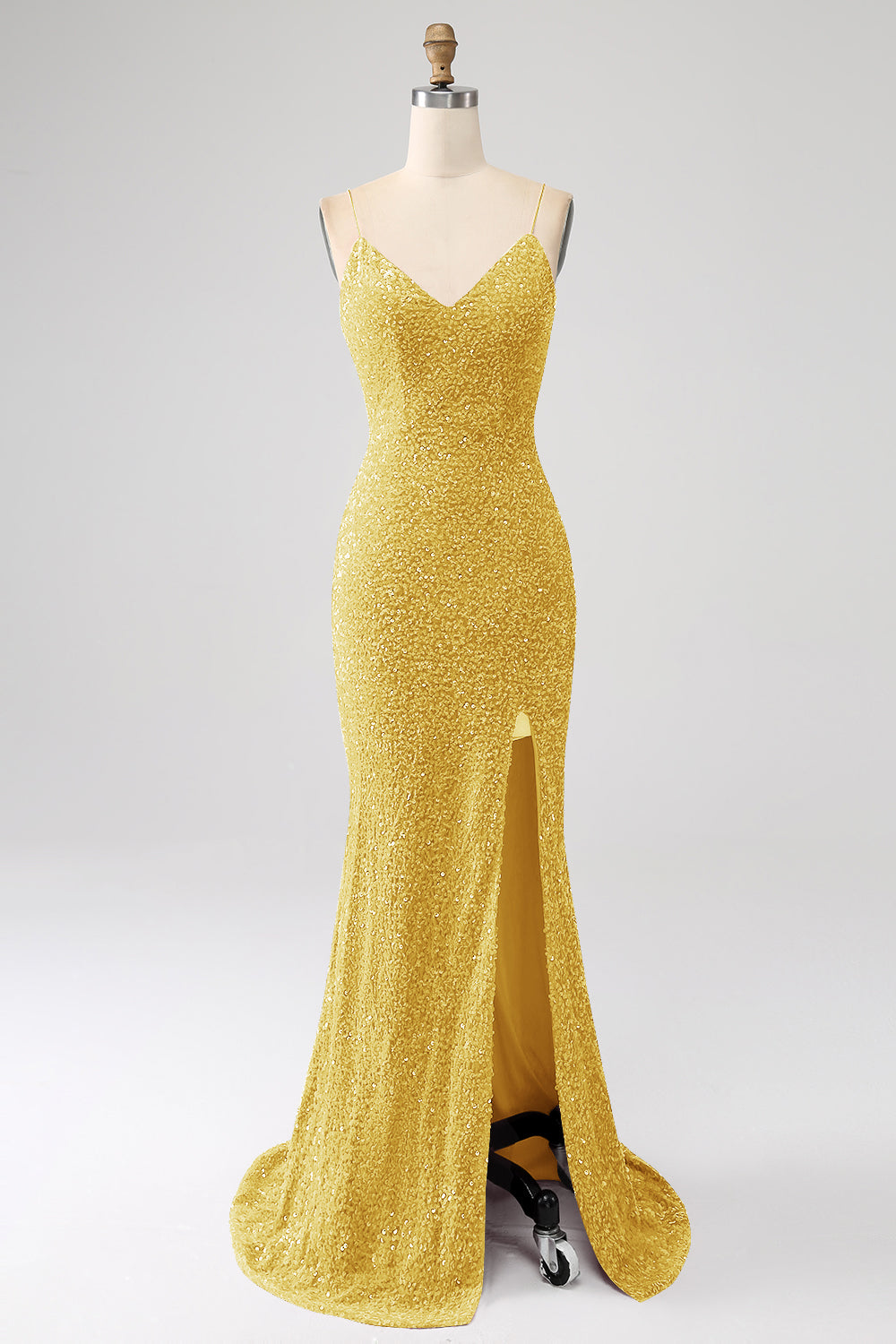 Robe de bal de sirène fuchsia à bretelles spaghetti fendue avec paillettes