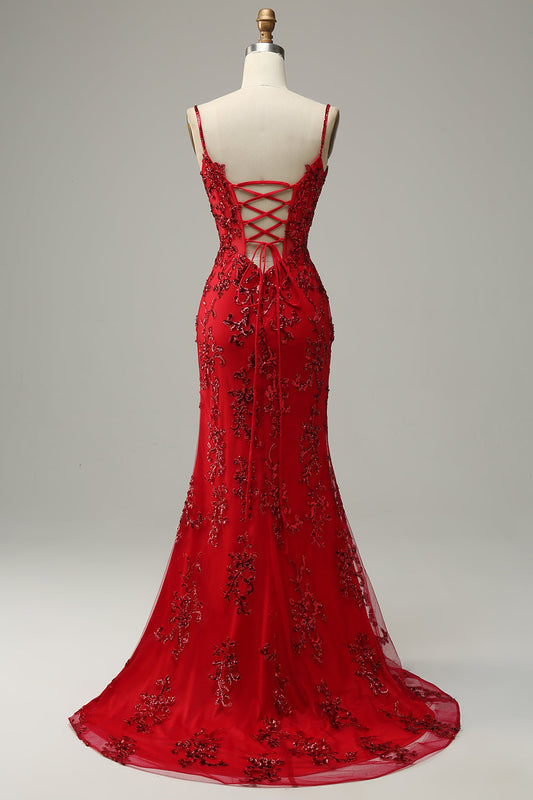 Mermaid Spaghetti Straps Red Sequins Long Prom Dress with Slit