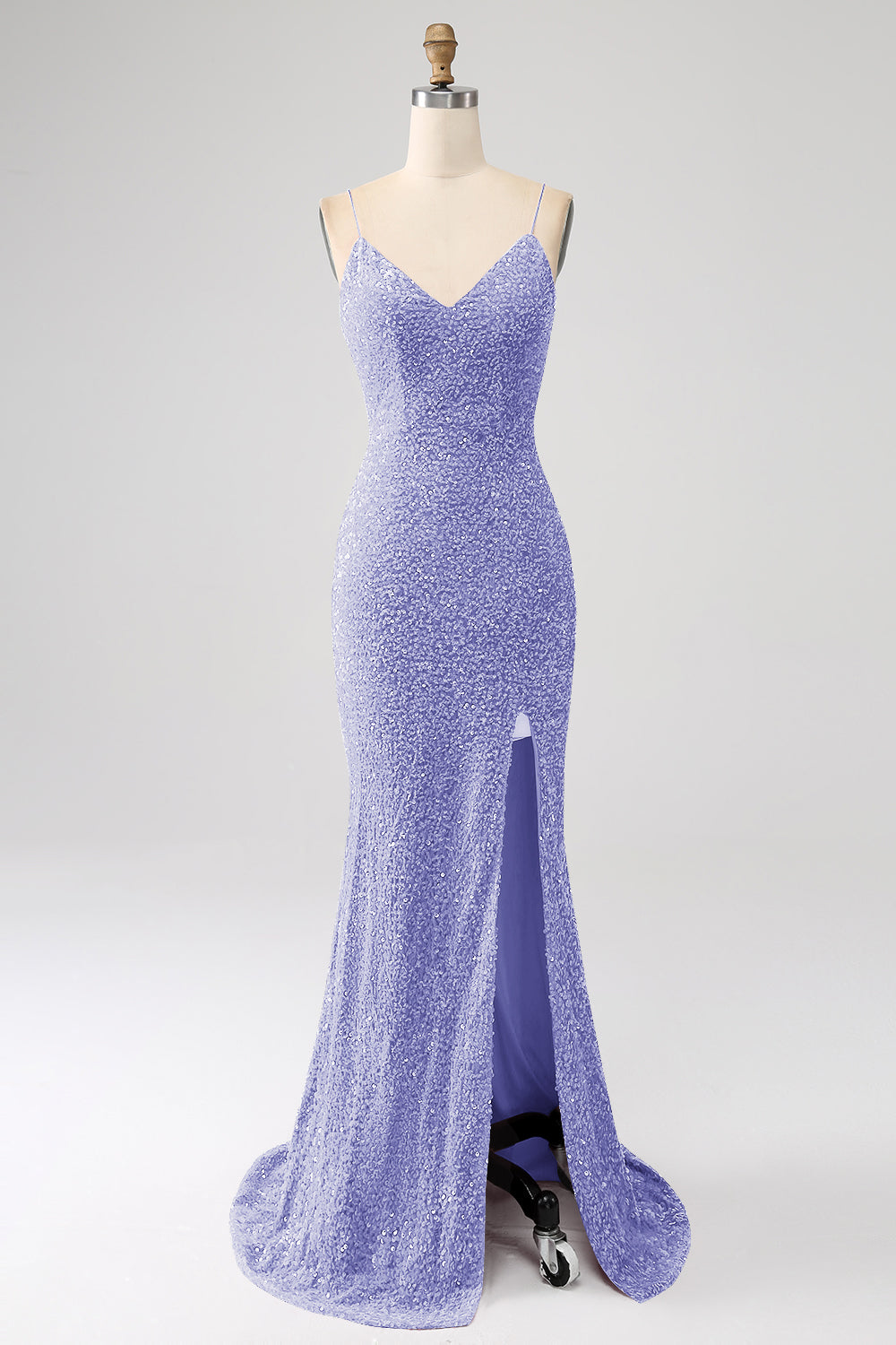 Robe de bal de sirène fuchsia à bretelles spaghetti fendue avec paillettes