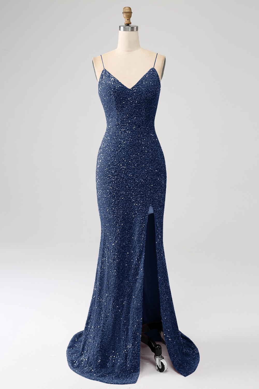 Robe de bal sirène marine à bretelles spaghetti avec sequins et fente
