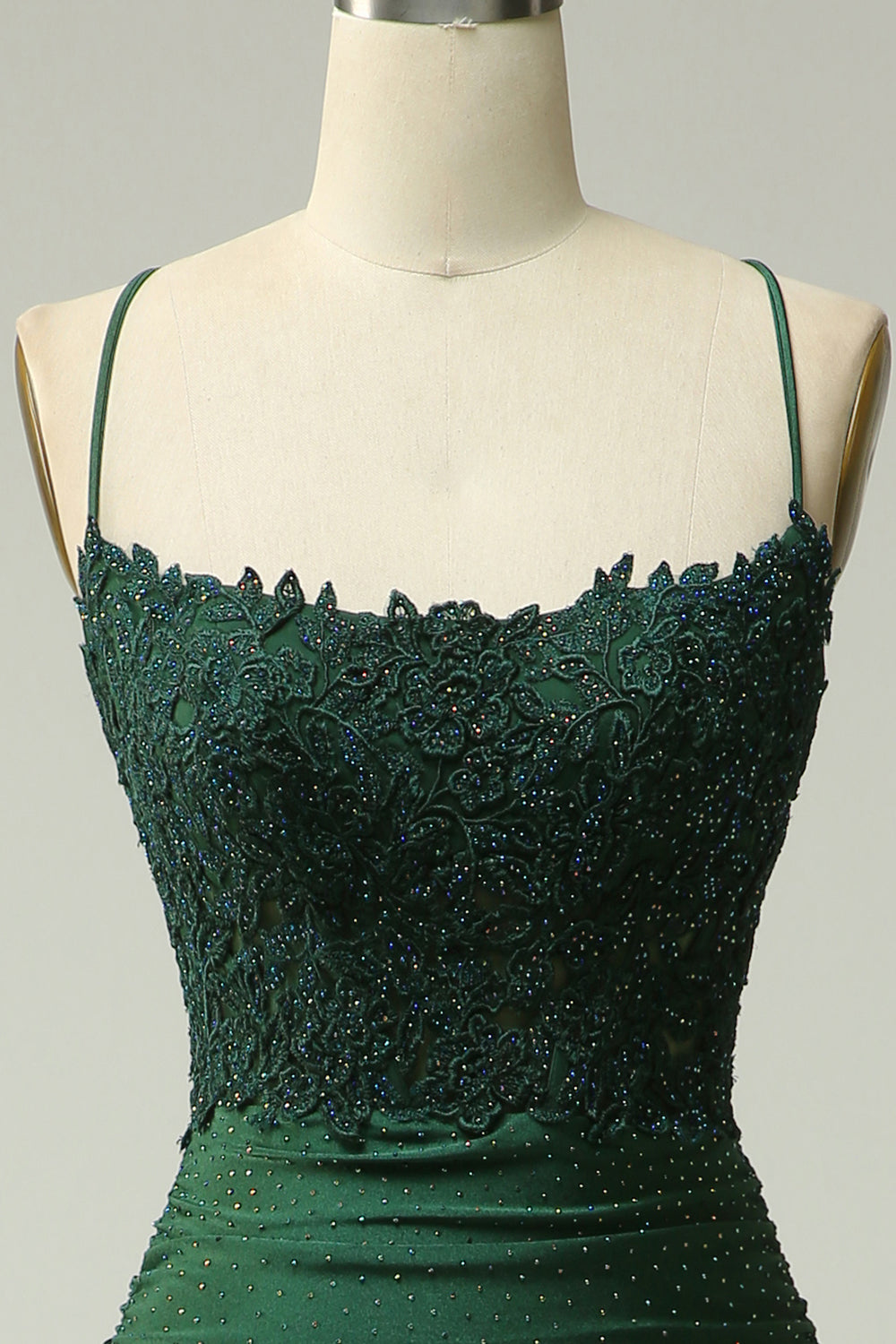 Robe de Bal Longue Sirène Vert Foncé avec Col Halter, Appliques et Perles
