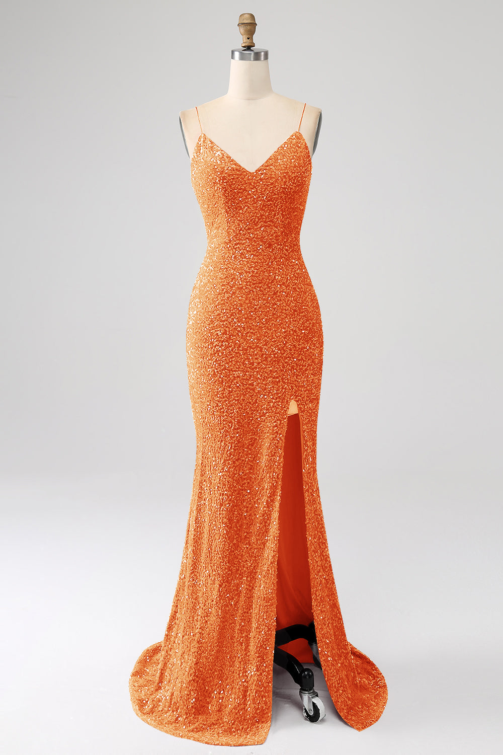 Robe de bal sirène marine à bretelles spaghetti avec sequins et fente