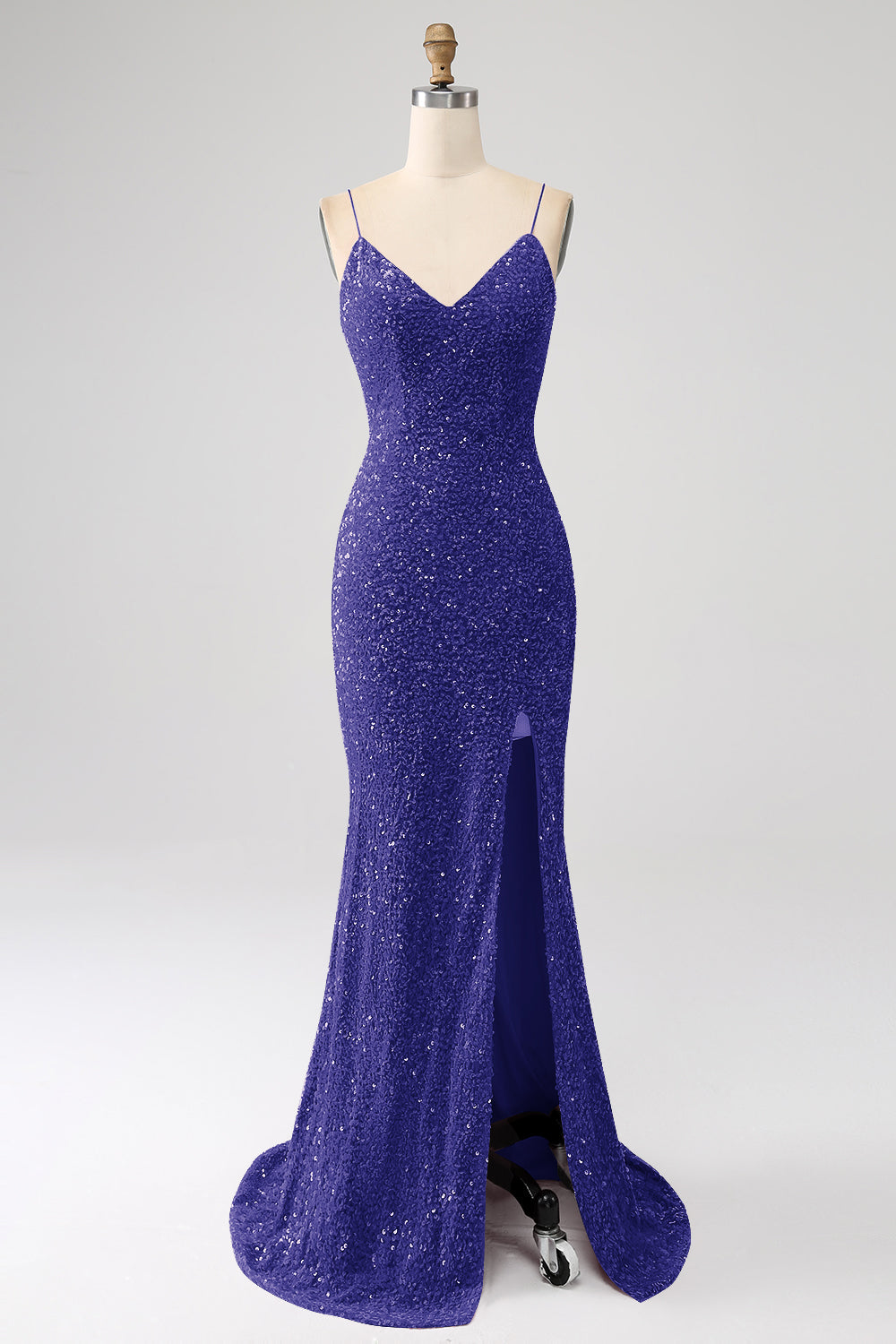 Robe de bal sirène marine à bretelles spaghetti avec sequins et fente