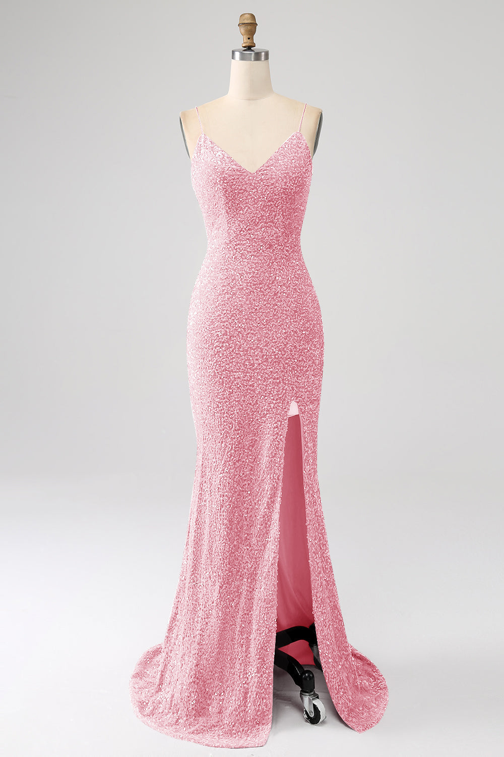 Robe de bal sirène marine à bretelles spaghetti avec sequins et fente