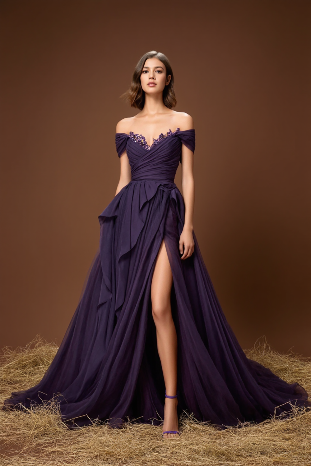 Elegant Purple Off-Shoulder A-Line Long Prom Dress with Slit