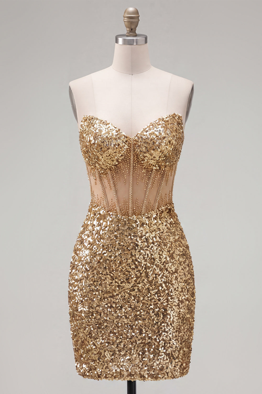 Sparkly Golden Bodycon Sweetheart Sheer Corset Sequins Homecoming Dress