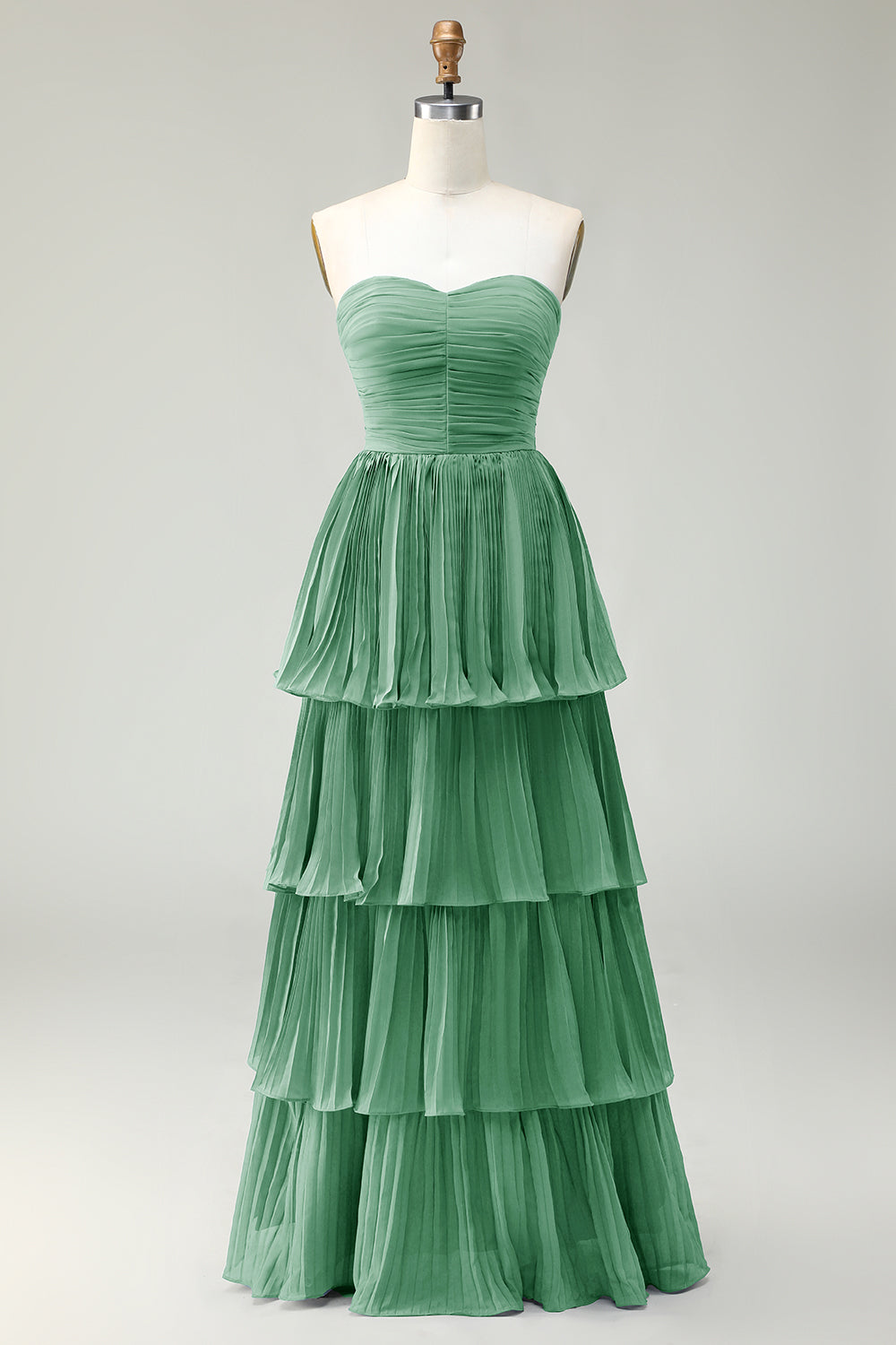 Blush Pink A-Line Strapless Pleated Tiered Long Bridesmaid Dress