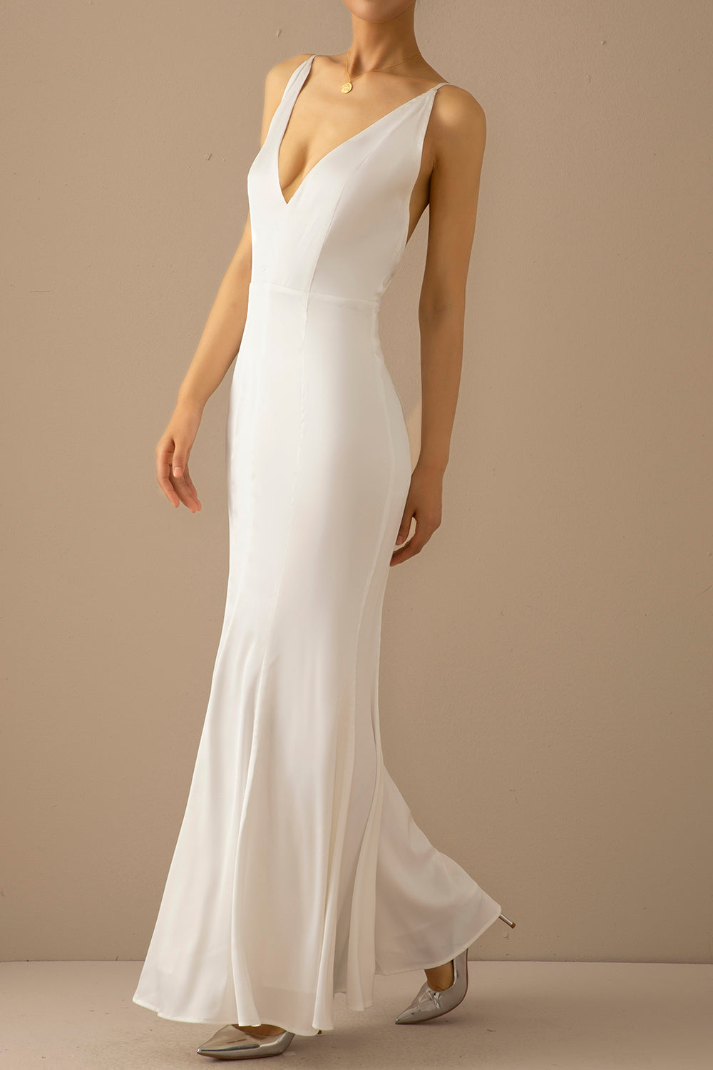 Robe longue de bal sirène bleue col en V