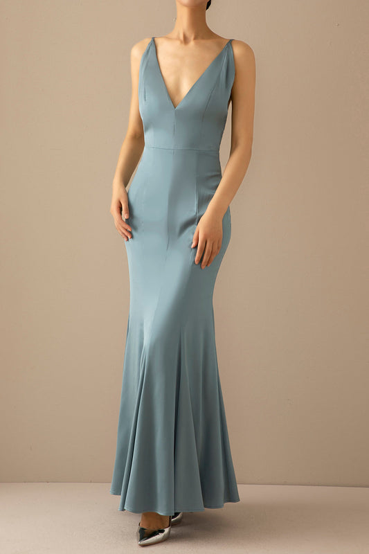 Mermaid Blue V-Neck Long Prom Dress