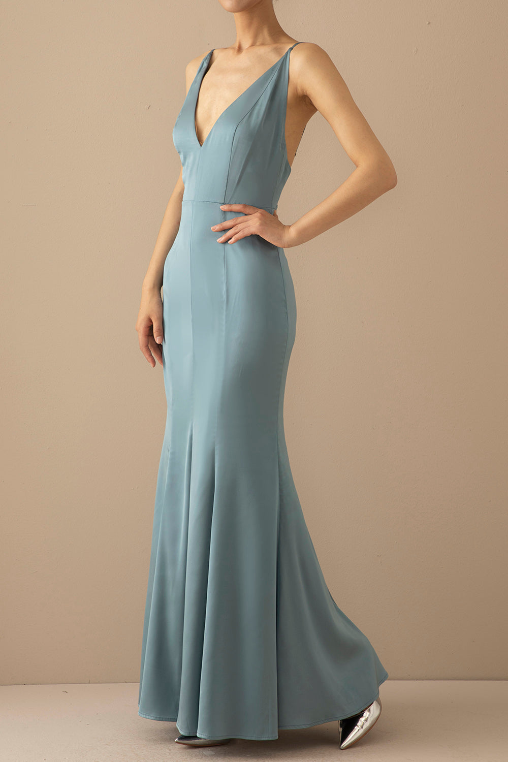Robe longue de bal sirène bleue col en V