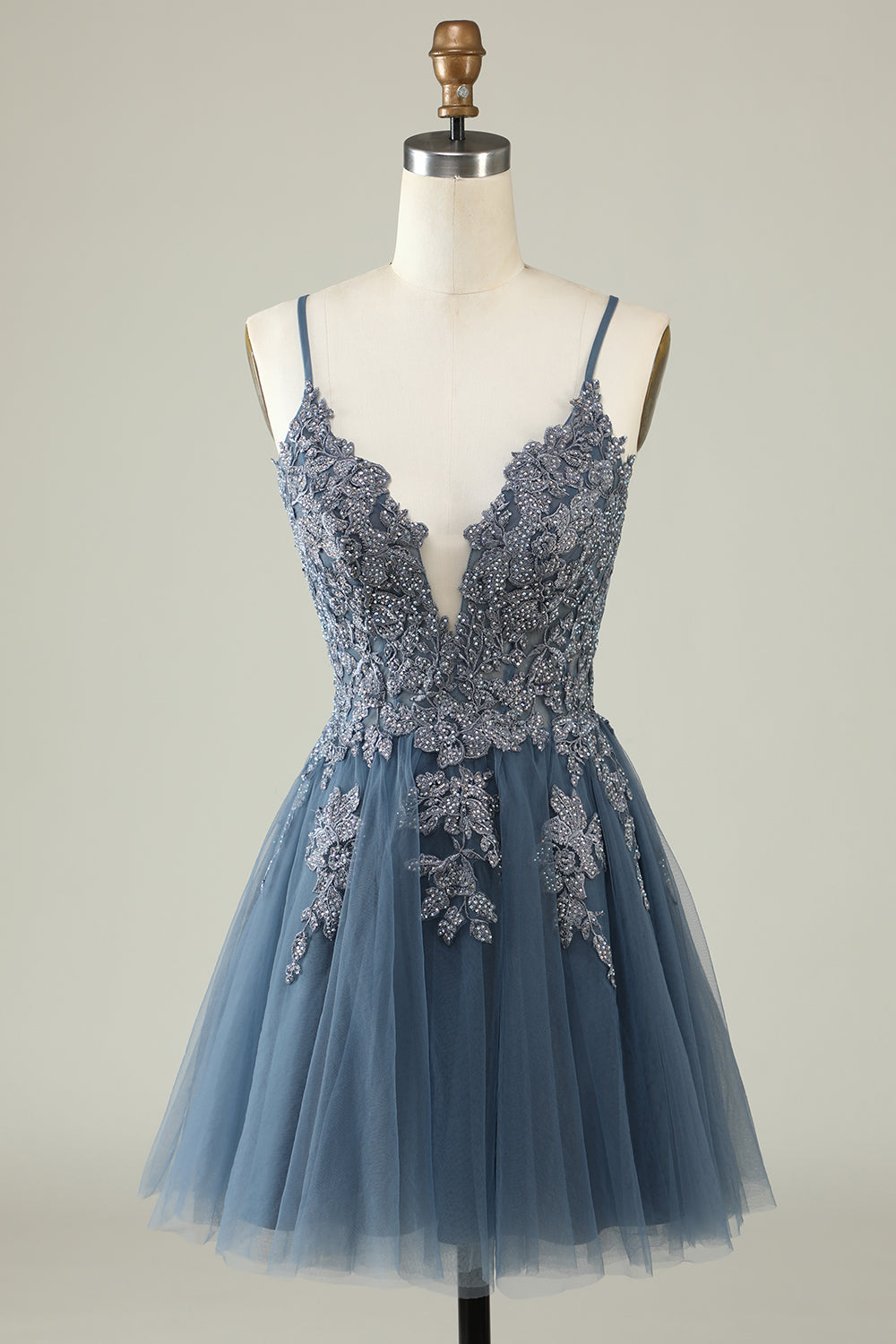 A-Line Spaghetti Straps Blush Short Graduation Dress with Criss-Cross Back