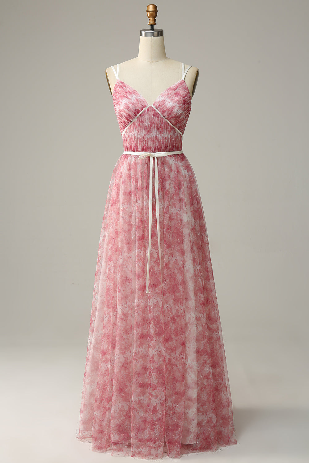 Robe longue de demoiselle d'honneur trapèze en tulle imprimé bleu