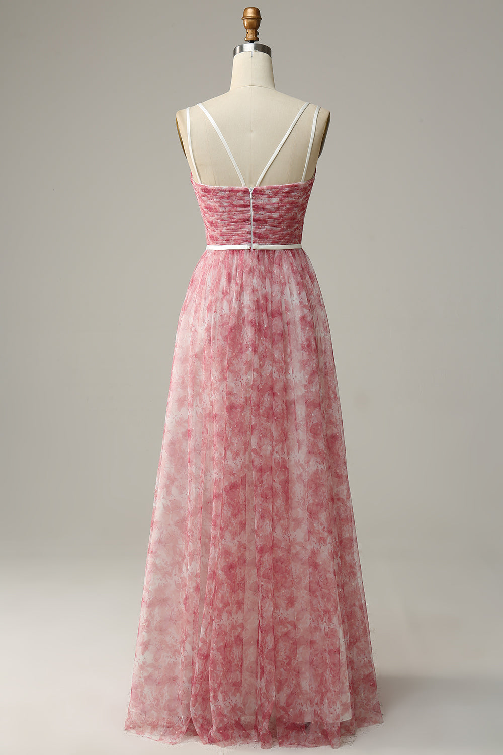 Robe longue de demoiselle d'honneur trapèze en tulle imprimé bleu