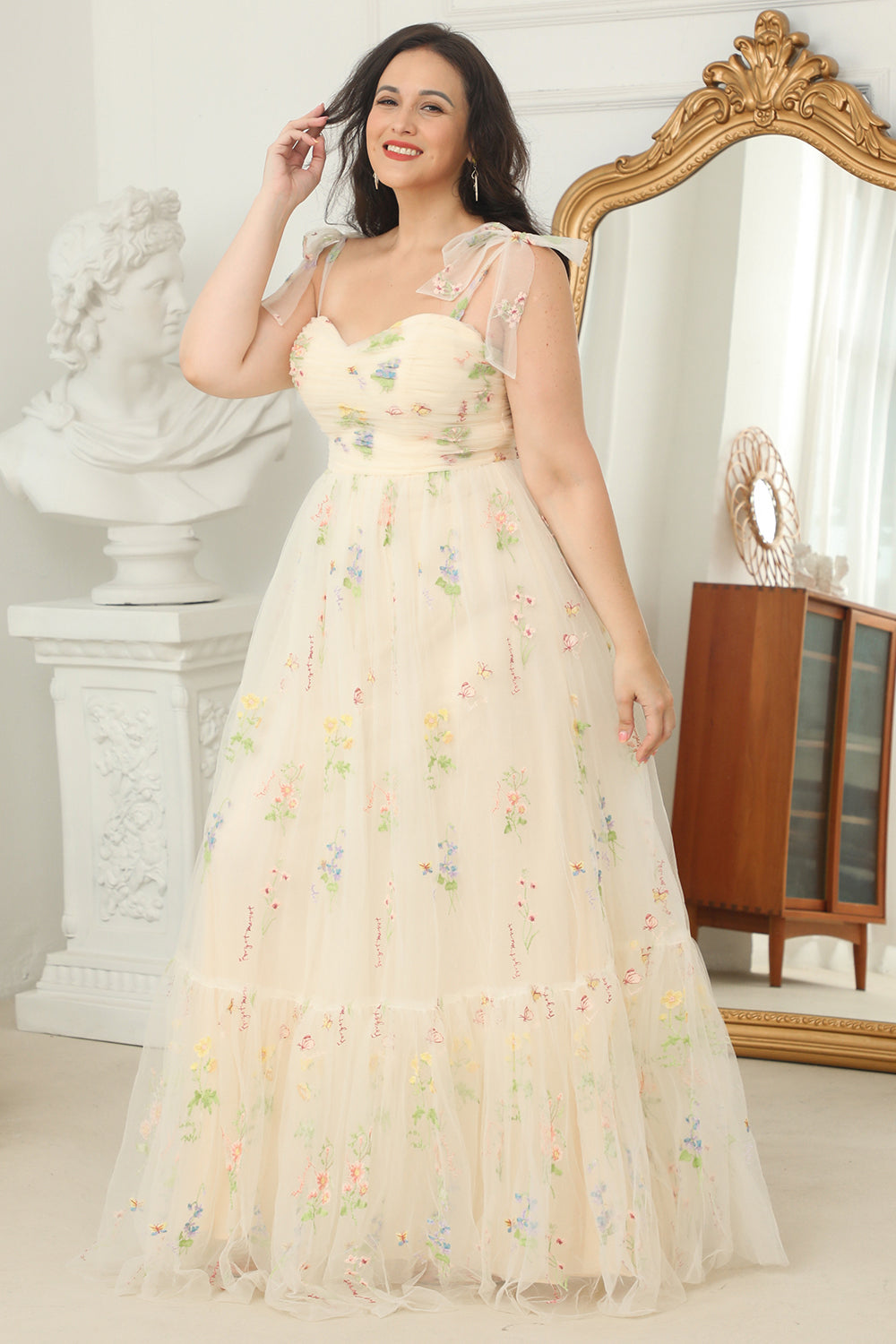 Robe de Bal Longue Champagne Grande Taille avec Broderie