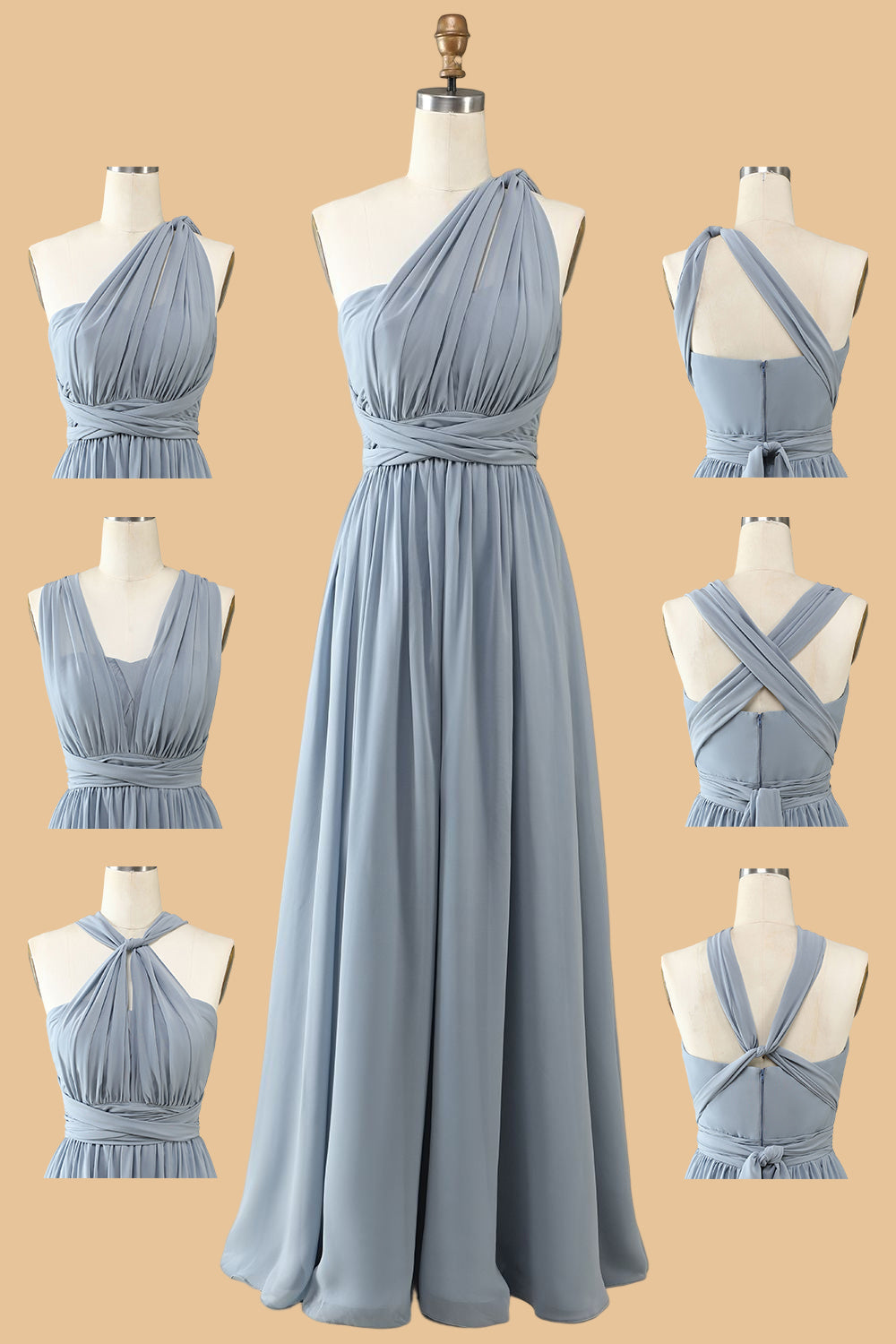 A-Line One-Shoulder V-Neck Halter Neck Floor-Length Gray-Blue Bridesmaid Dress
