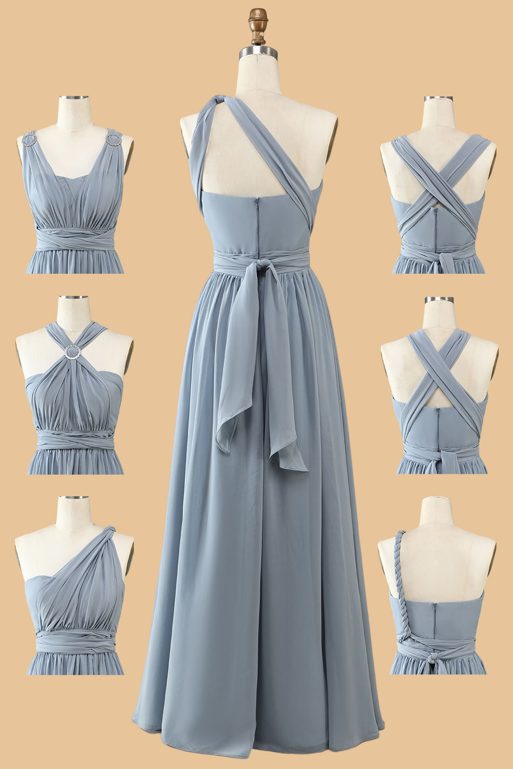 A-Line One-Shoulder V-Neck Halter Neck Floor-Length Gray-Blue Bridesmaid Dress