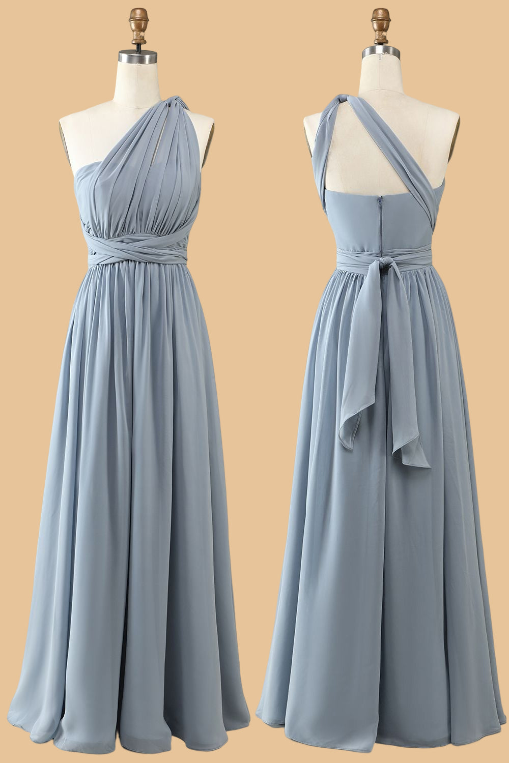 A-Line One-Shoulder V-Neck Halter Neck Floor-Length Gray-Blue Bridesmaid Dress