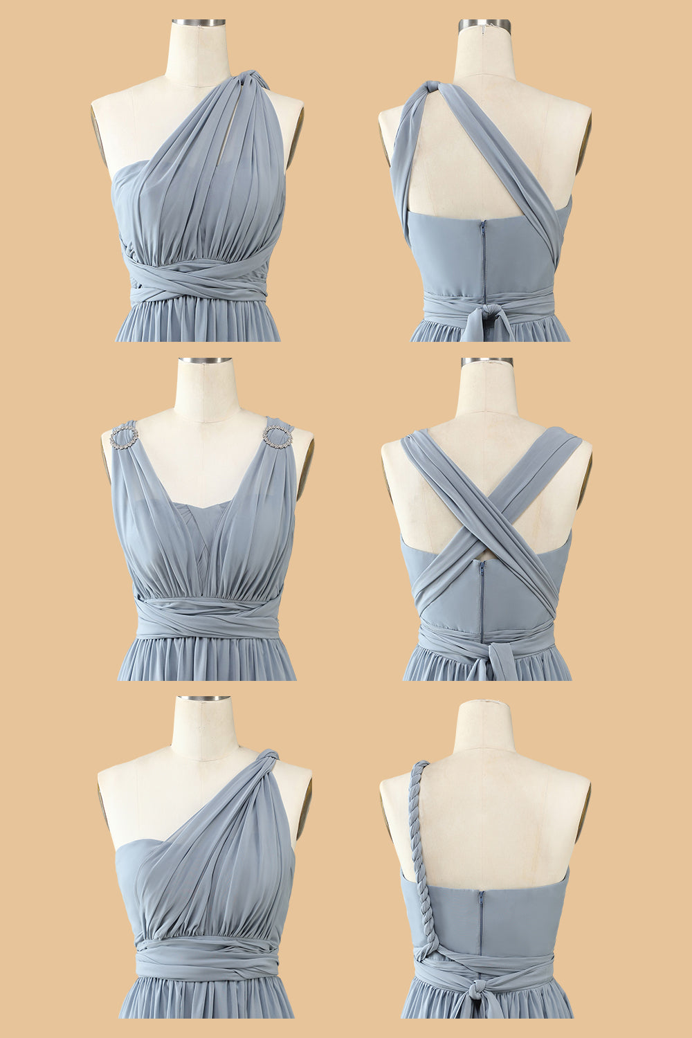 A-Line One-Shoulder V-Neck Halter Neck Floor-Length Gray-Blue Bridesmaid Dress