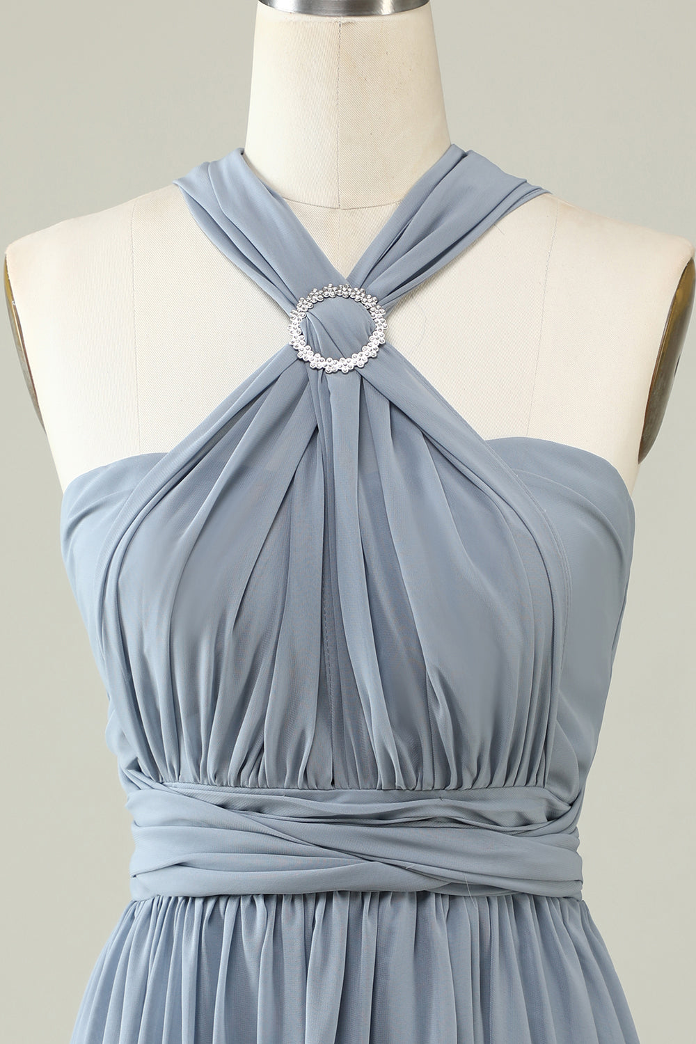 A-Line One-Shoulder V-Neck Halter Neck Floor-Length Gray-Blue Bridesmaid Dress