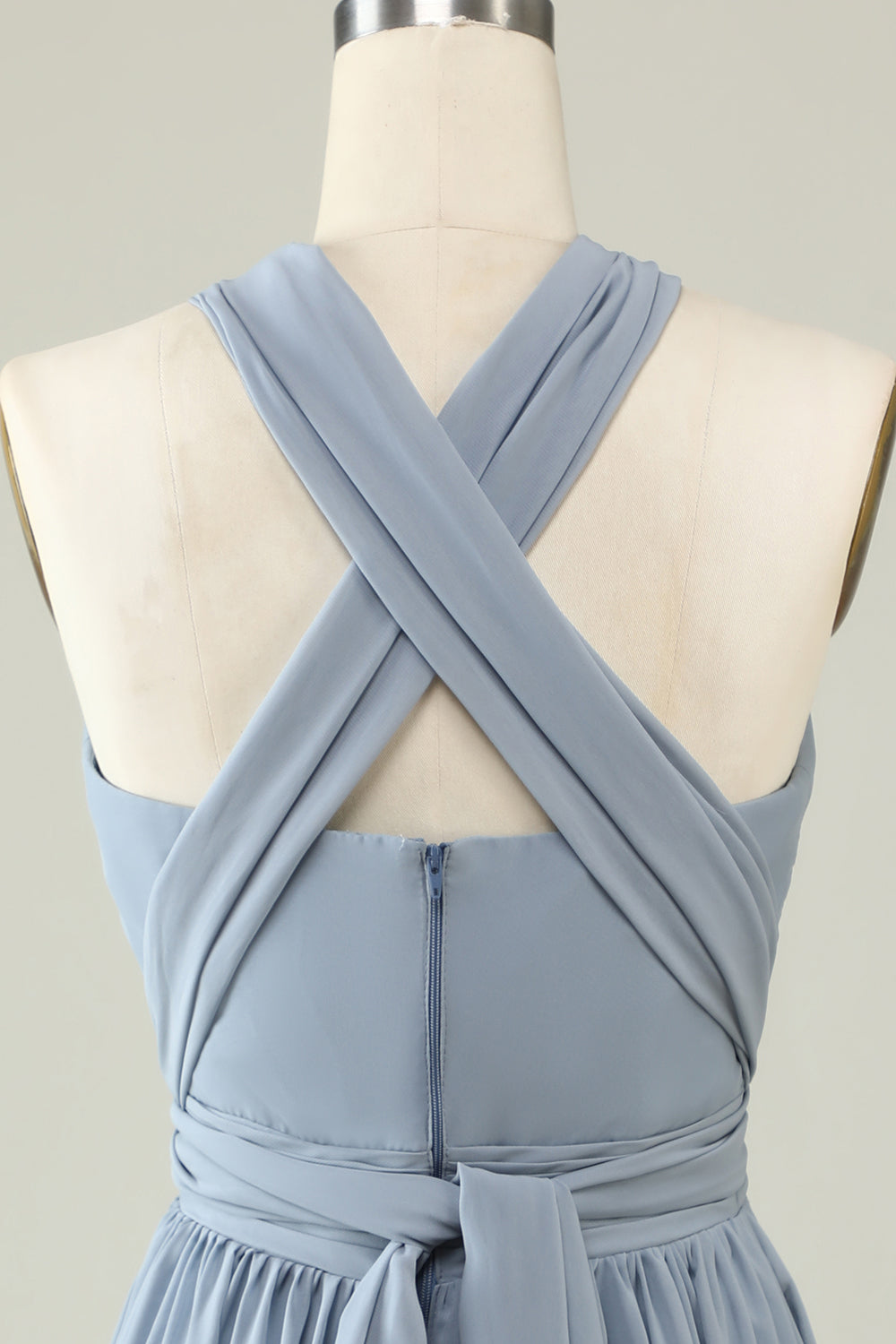 A-Line One-Shoulder V-Neck Halter Neck Floor-Length Gray-Blue Bridesmaid Dress