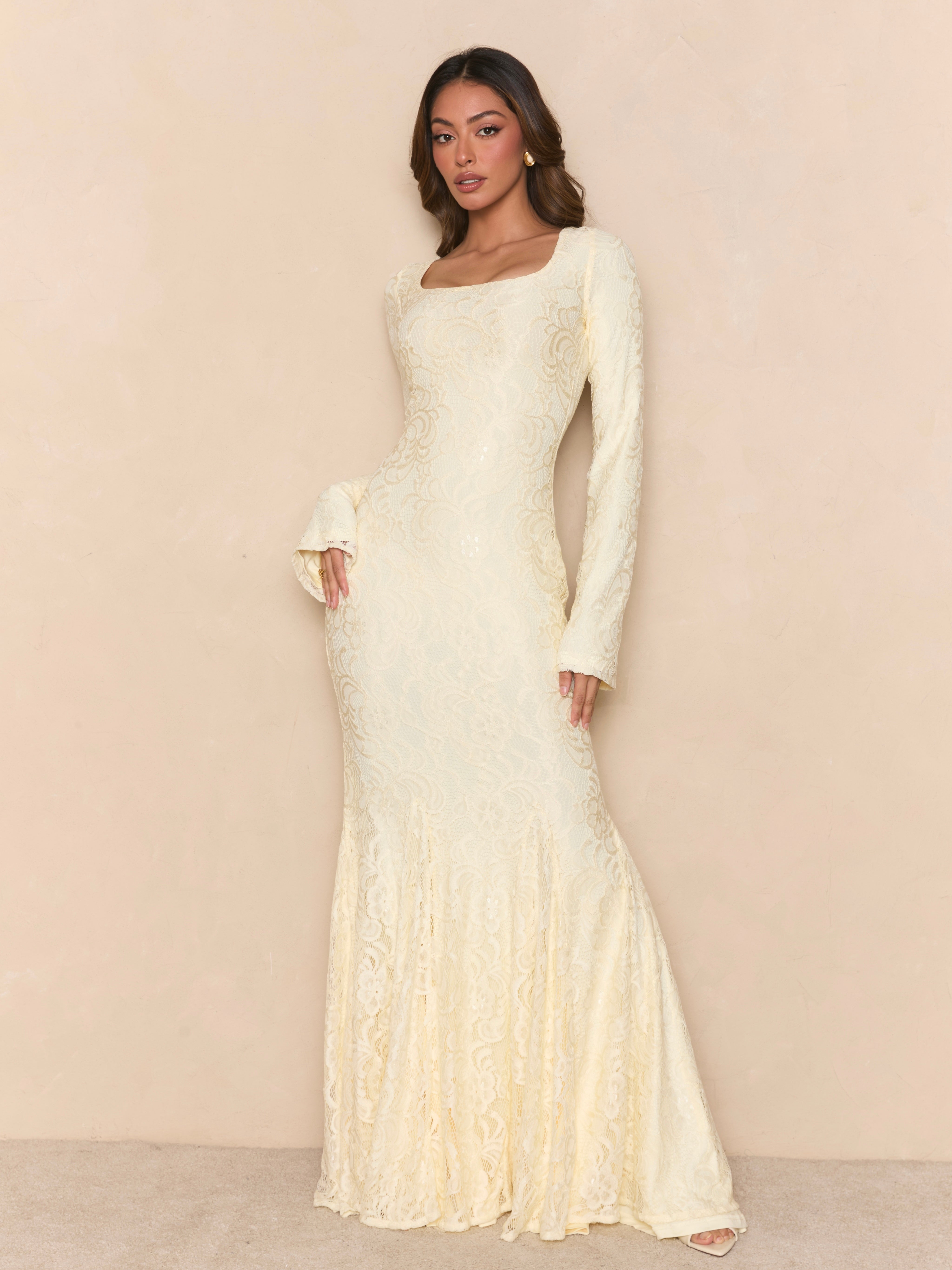 Verano Muse™ Vestido Maxi de Encaje con Manga Acampanada y Pañuelo Removible | Silueta Sirena