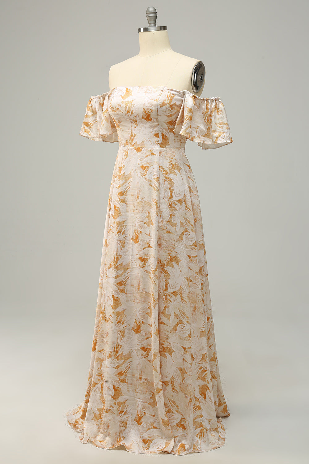 A Line Off the Shoulder Yellow Floral Printed Plus Size Bridesmaid Dress