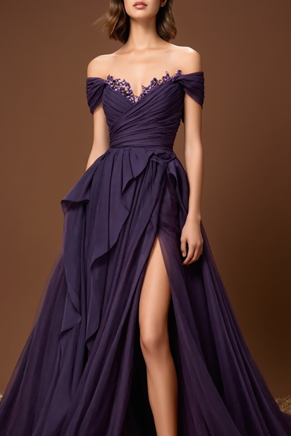 Elegant Purple Off-Shoulder A-Line Long Prom Dress with Slit