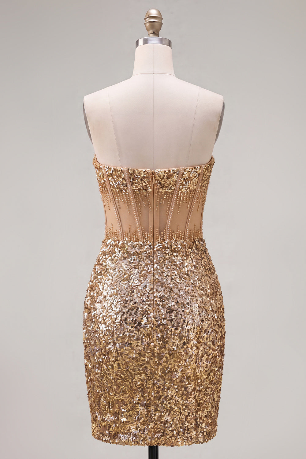 Sparkly Golden Bodycon Sweetheart Sheer Corset Sequins Homecoming Dress