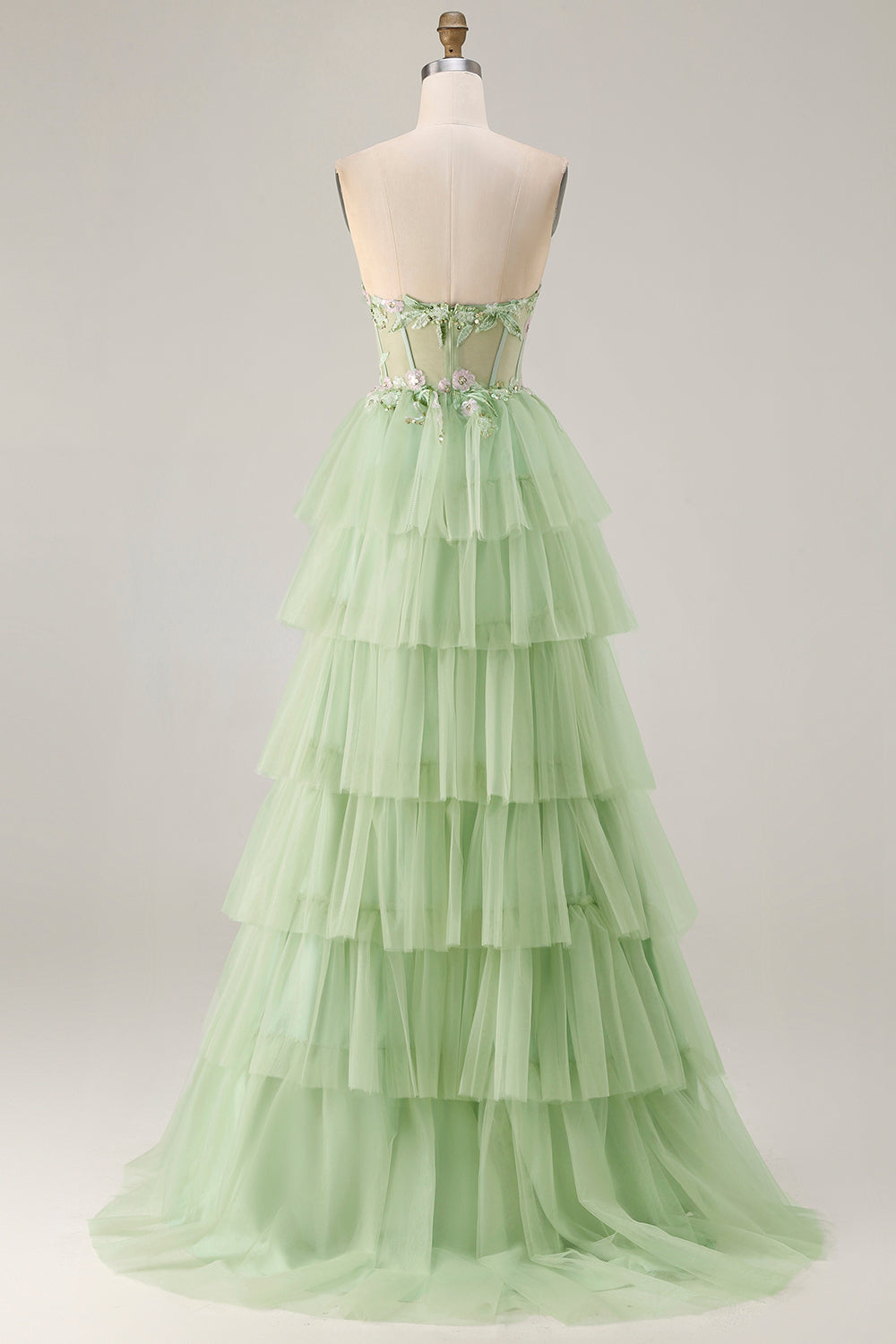 Strapless Green A-Line Corset Tiered Ruffle Tulle Long Prom Dress with Slit