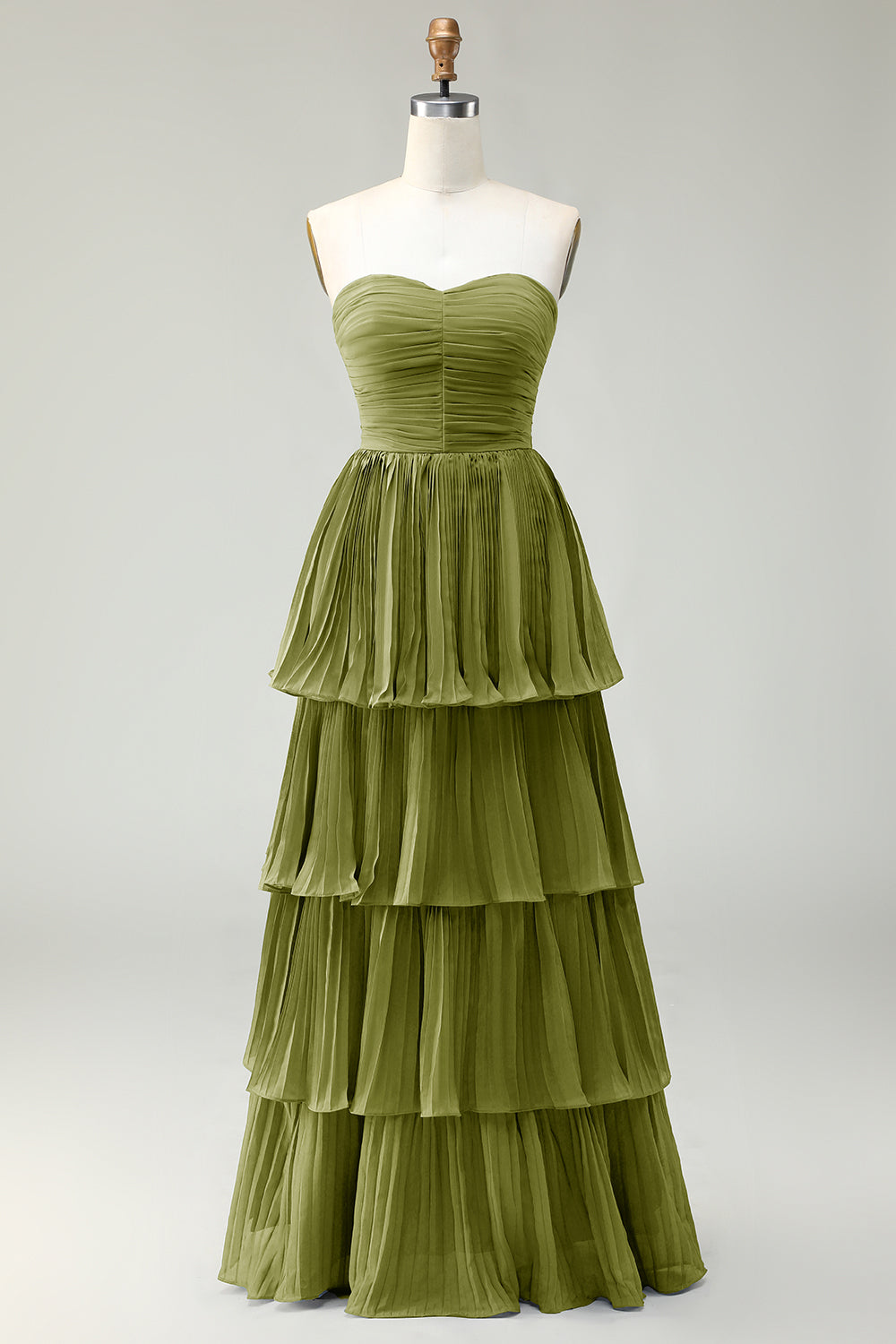 Blush Pink A-Line Strapless Pleated Tiered Long Bridesmaid Dress