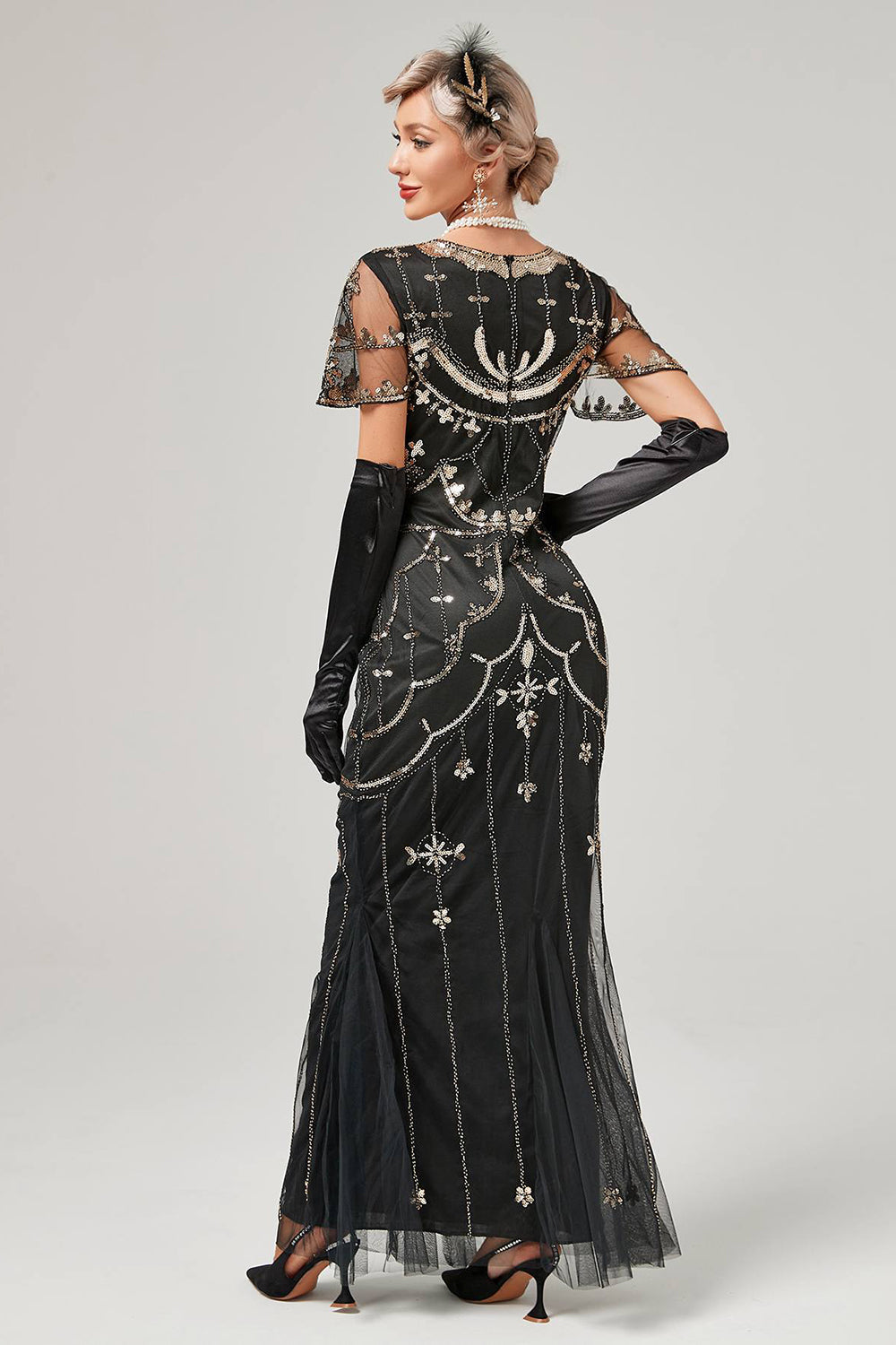 Robe longue noire blush à paillettes des années 20