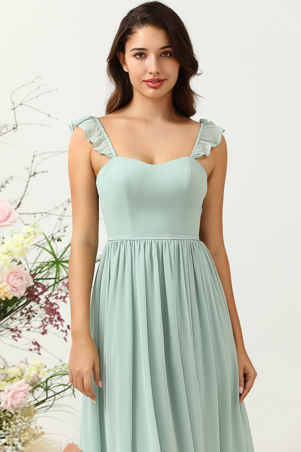 A Line Dusty Sage Ruffles Bridesmaid Dress