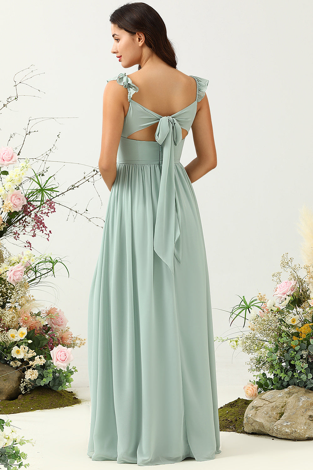 A Line Dusty Sage Ruffles Bridesmaid Dress