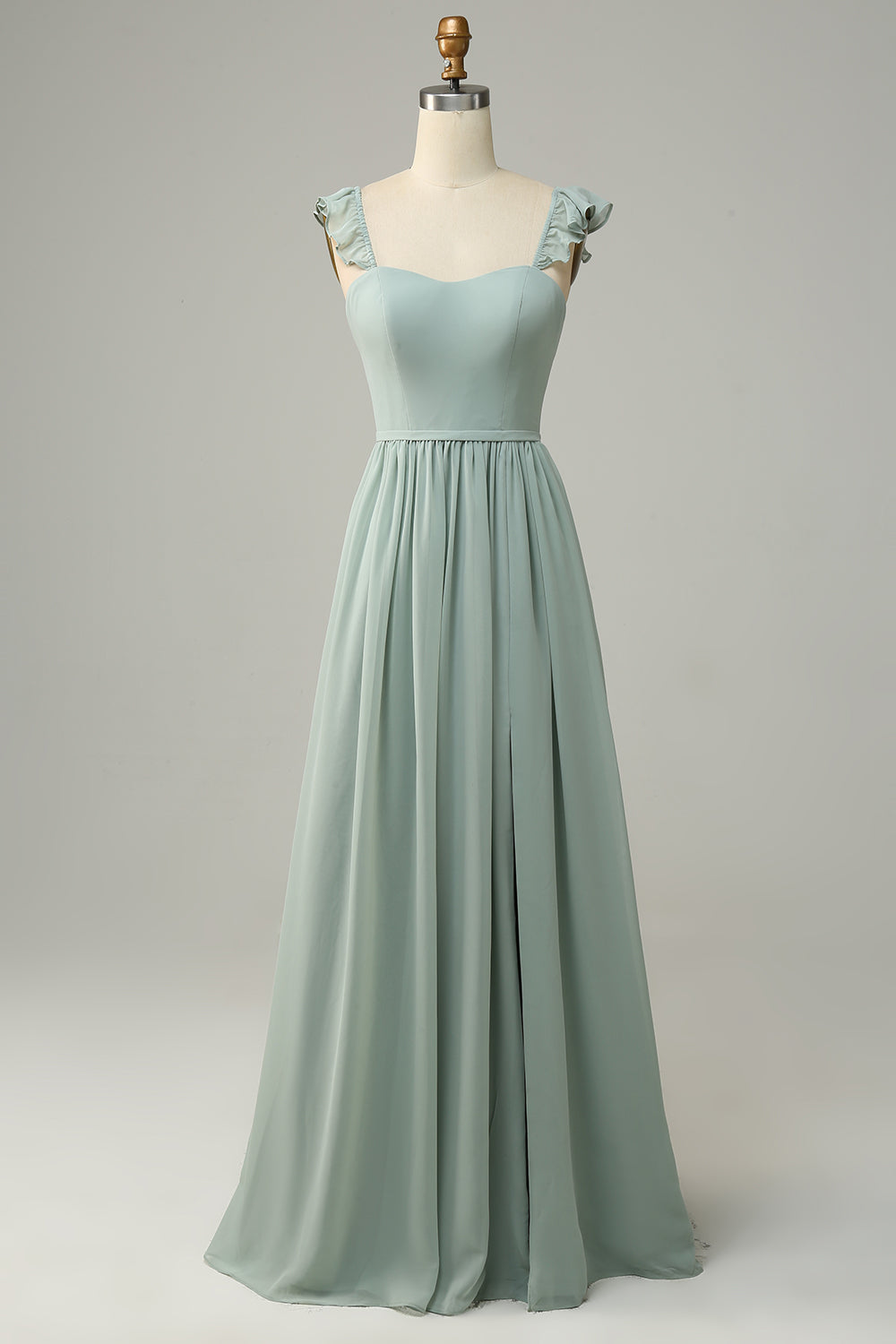Robe de demoiselle d'honneur longue sauge poussiéreuse à bretelles spaghetti et volants en ligne A