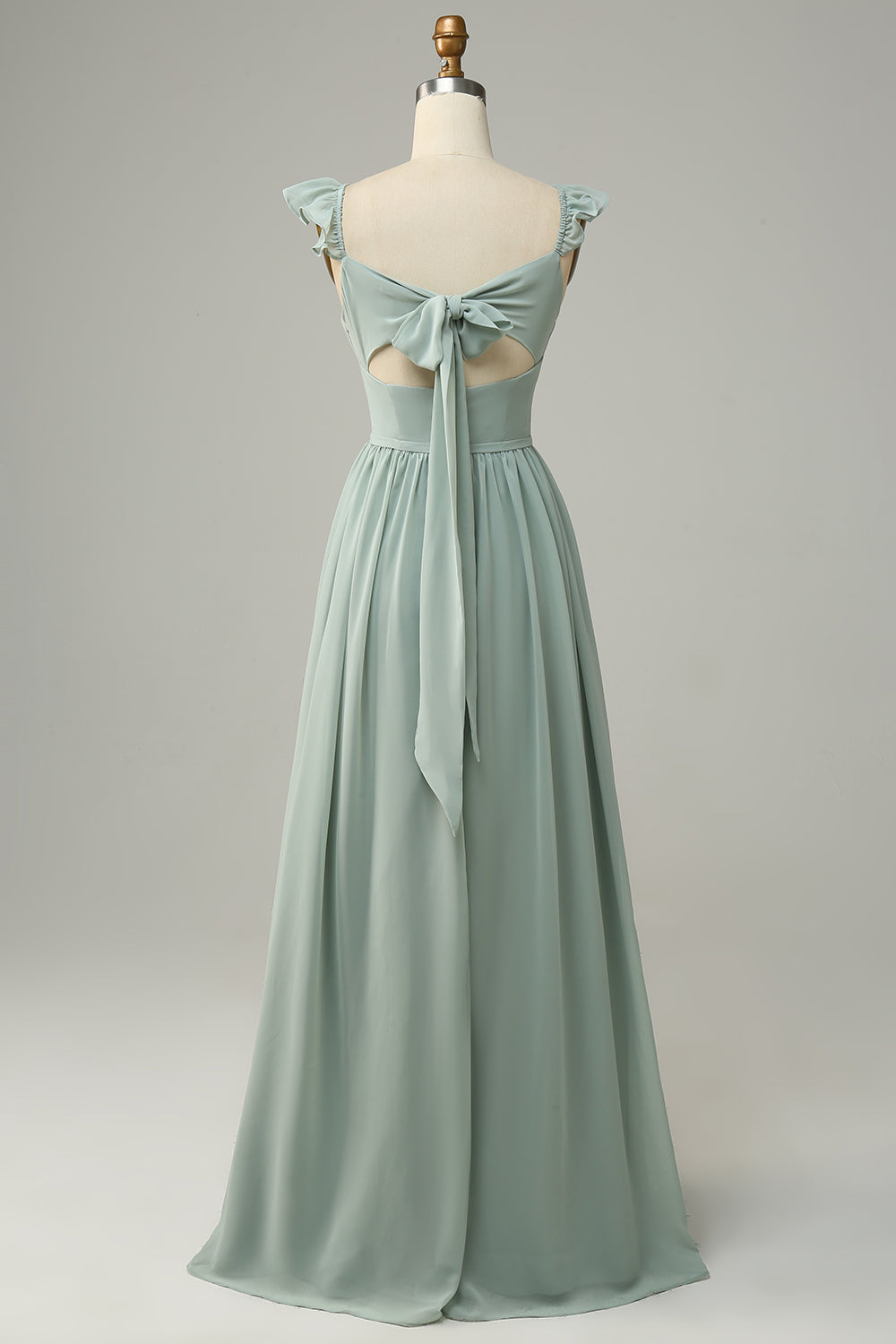 Robe de demoiselle d'honneur longue sauge poussiéreuse à bretelles spaghetti et volants en ligne A