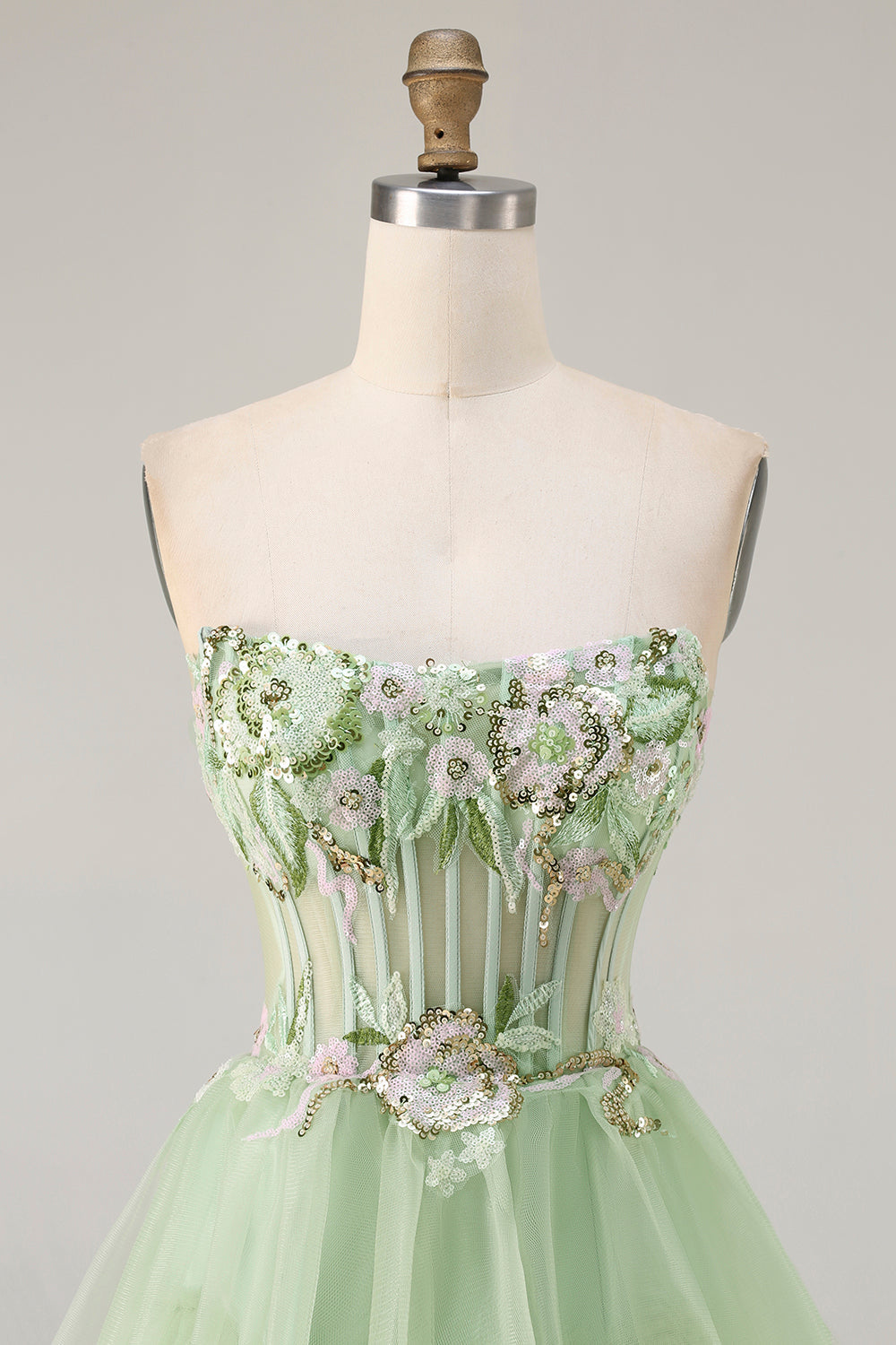Strapless Green A-Line Corset Tiered Ruffle Tulle Long Prom Dress with Slit