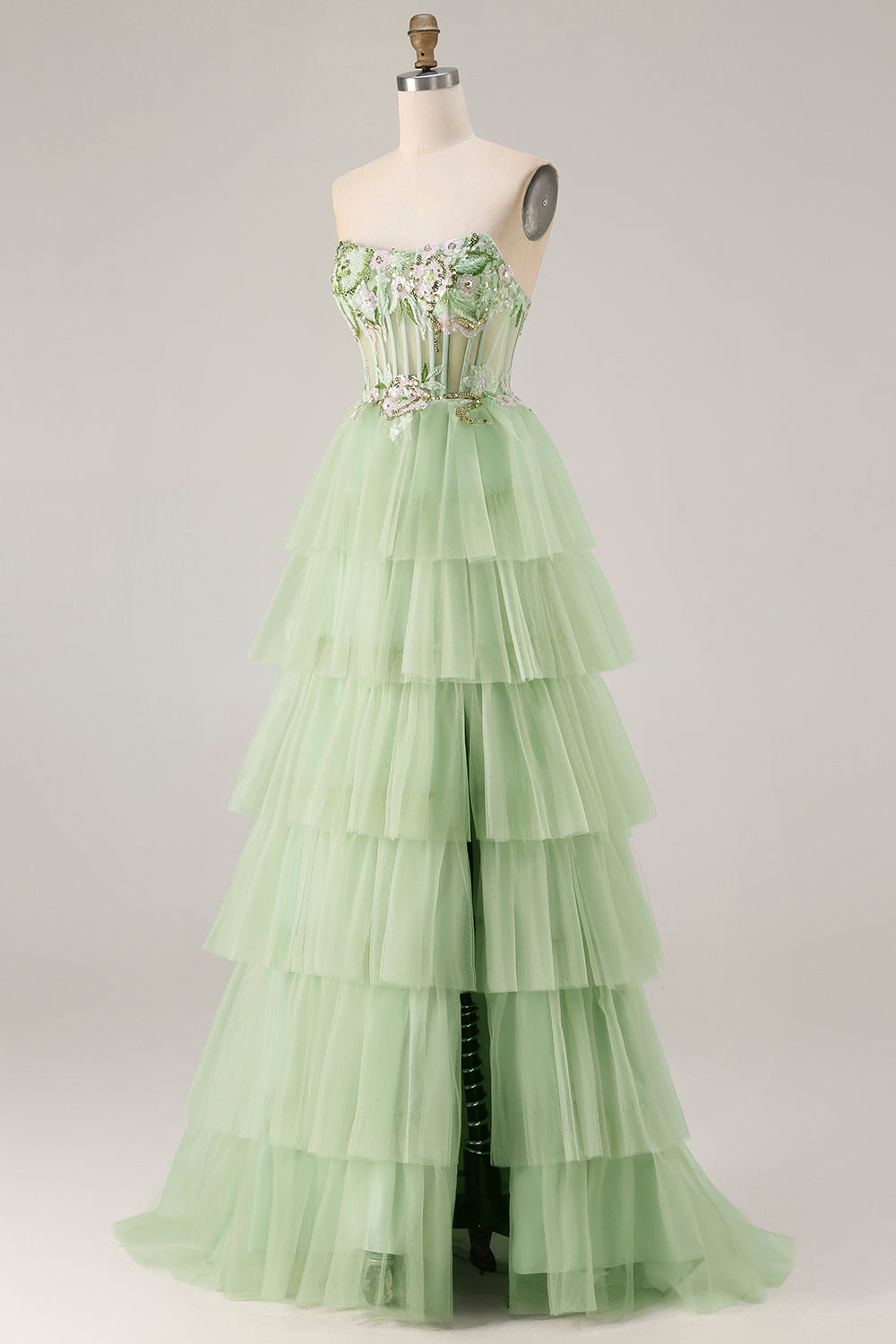 Strapless Green A-Line Corset Tiered Ruffle Tulle Long Prom Dress with Slit