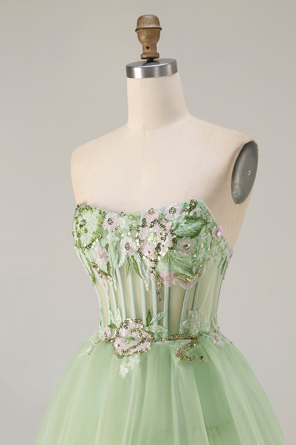 Strapless Green A-Line Corset Tiered Ruffle Tulle Long Prom Dress with Slit