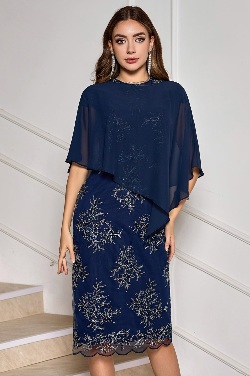 Navy Sheath Tea-Length Appliquéd Mother of the Bride Dress with Wrap