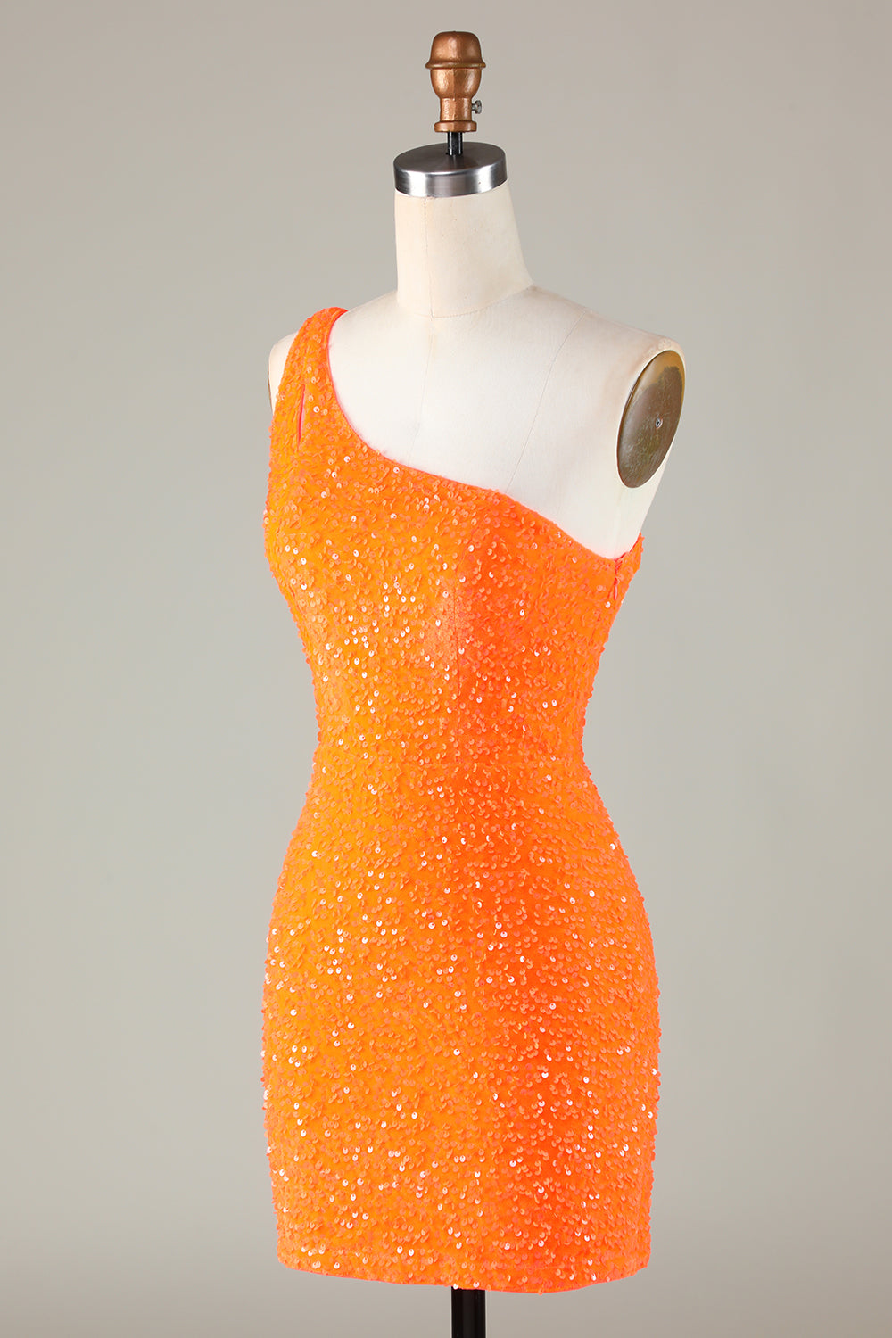 Robe de bal courte moulante orange asymétrique à perles et sequins