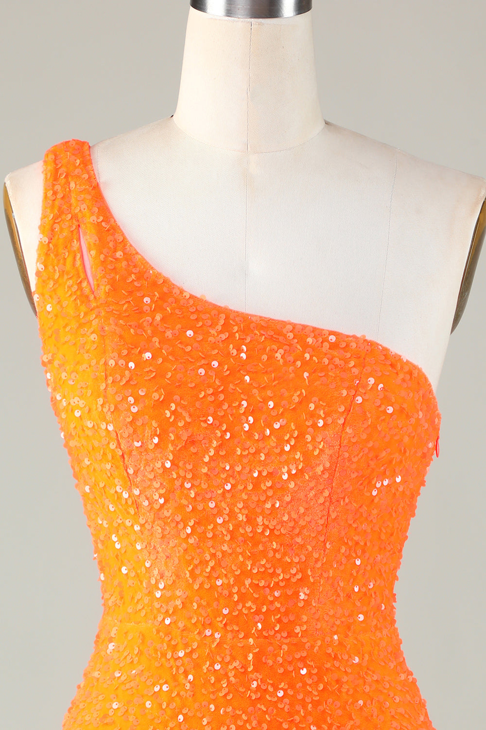 Robe de bal courte moulante orange asymétrique à perles et sequins