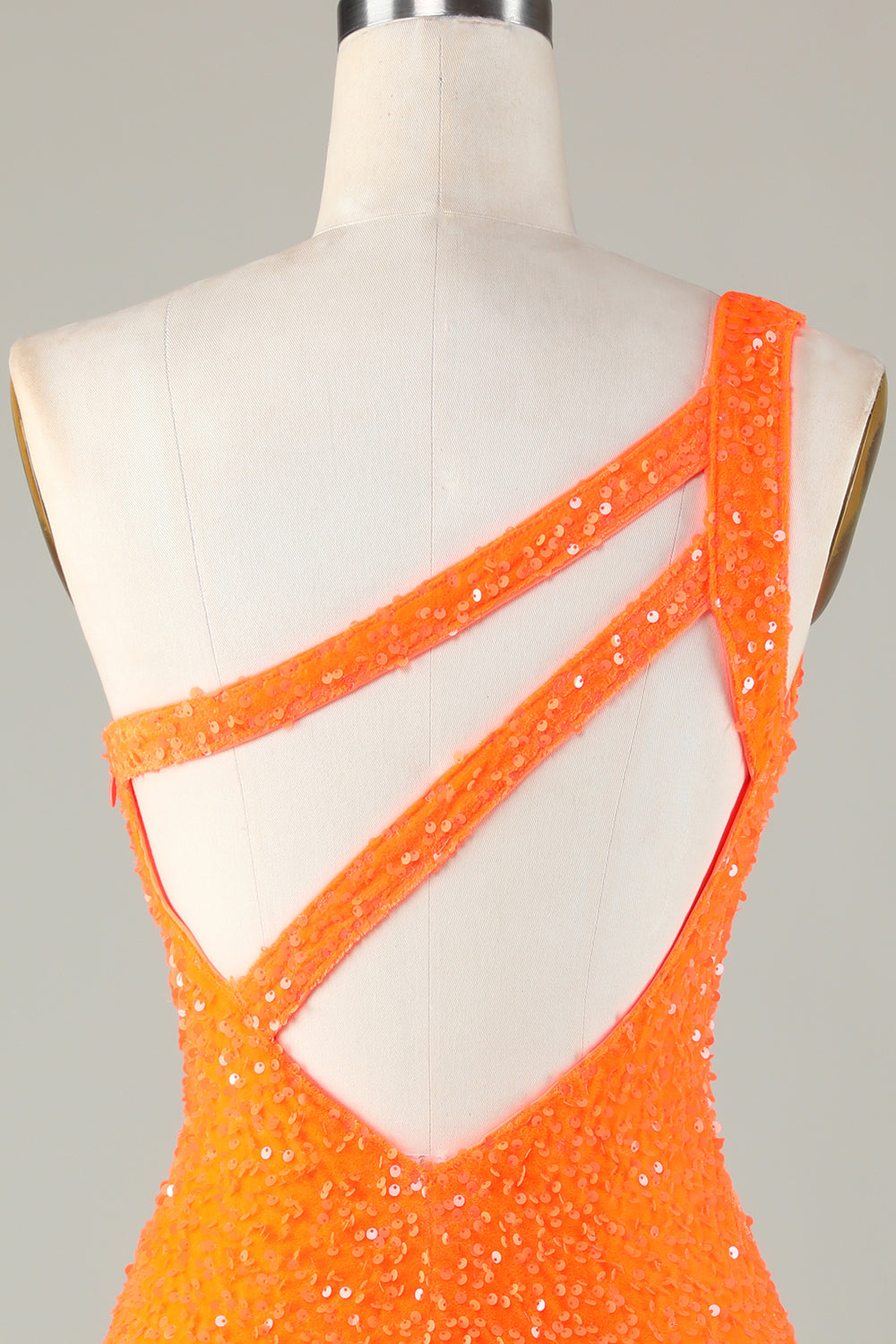 Robe de bal courte moulante orange asymétrique à perles et sequins