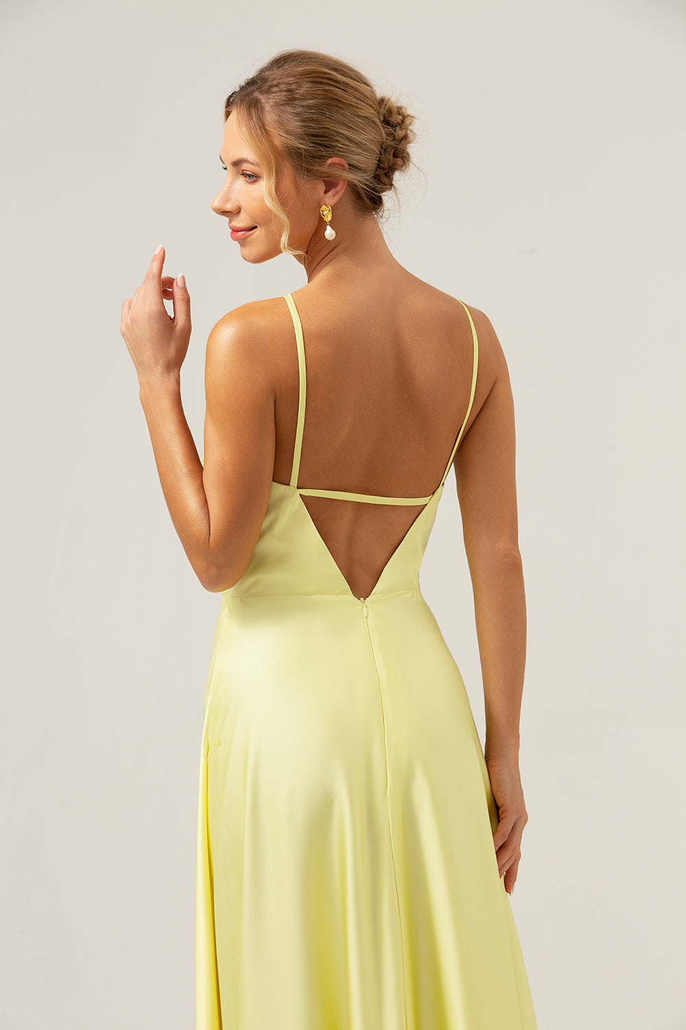 Yellow A-Line Halter Cut-Out Backless Long Bridesmaid Dress with Flower
