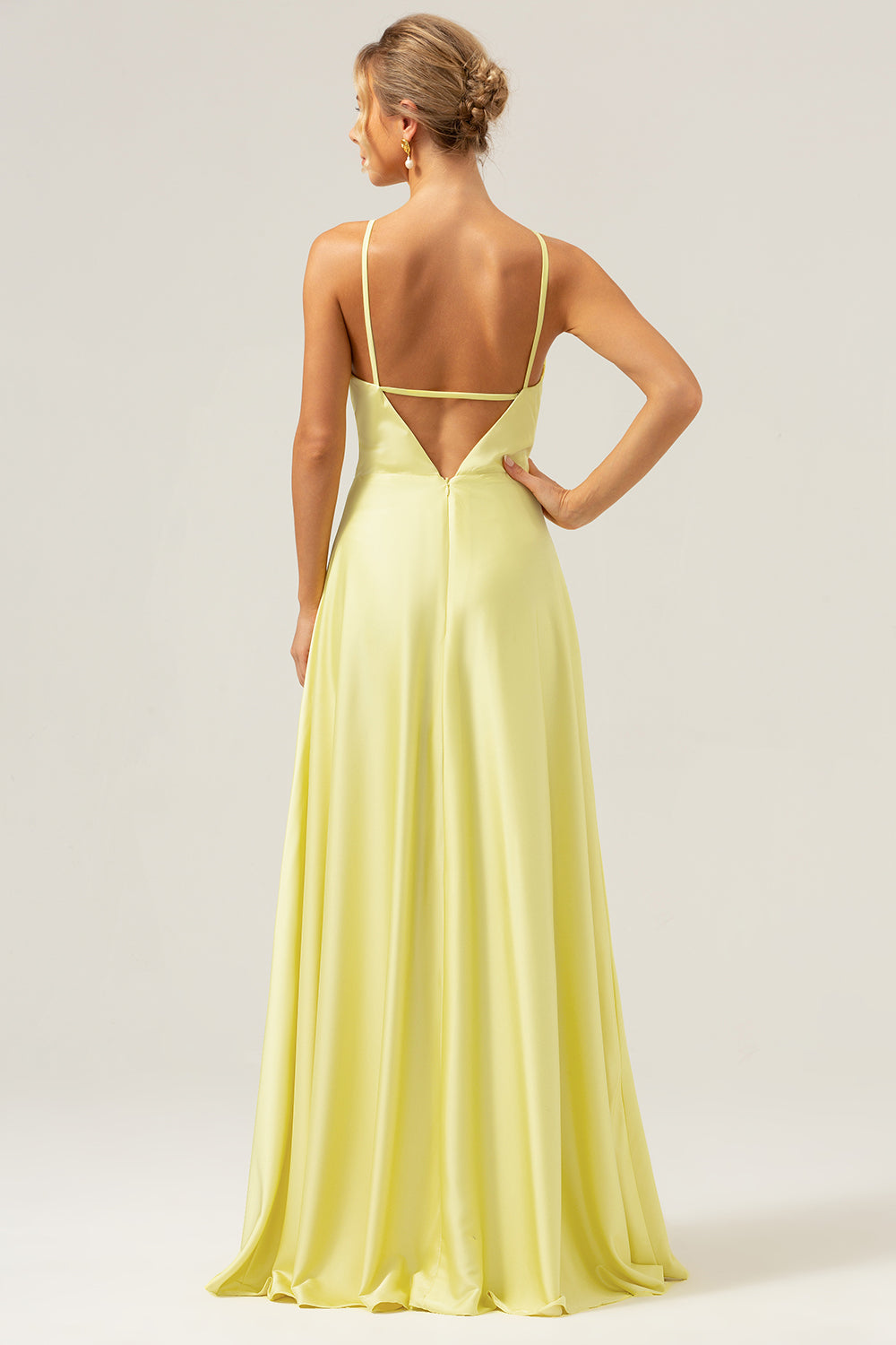 Yellow A-Line Halter Cut-Out Backless Long Bridesmaid Dress with Flower