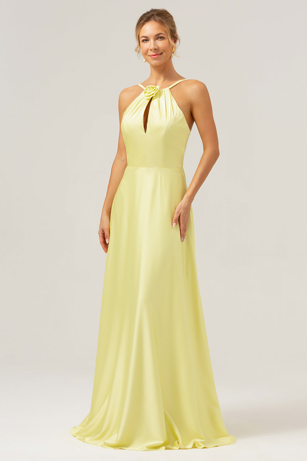 Yellow A-Line Halter Cut-Out Backless Long Bridesmaid Dress with Flower