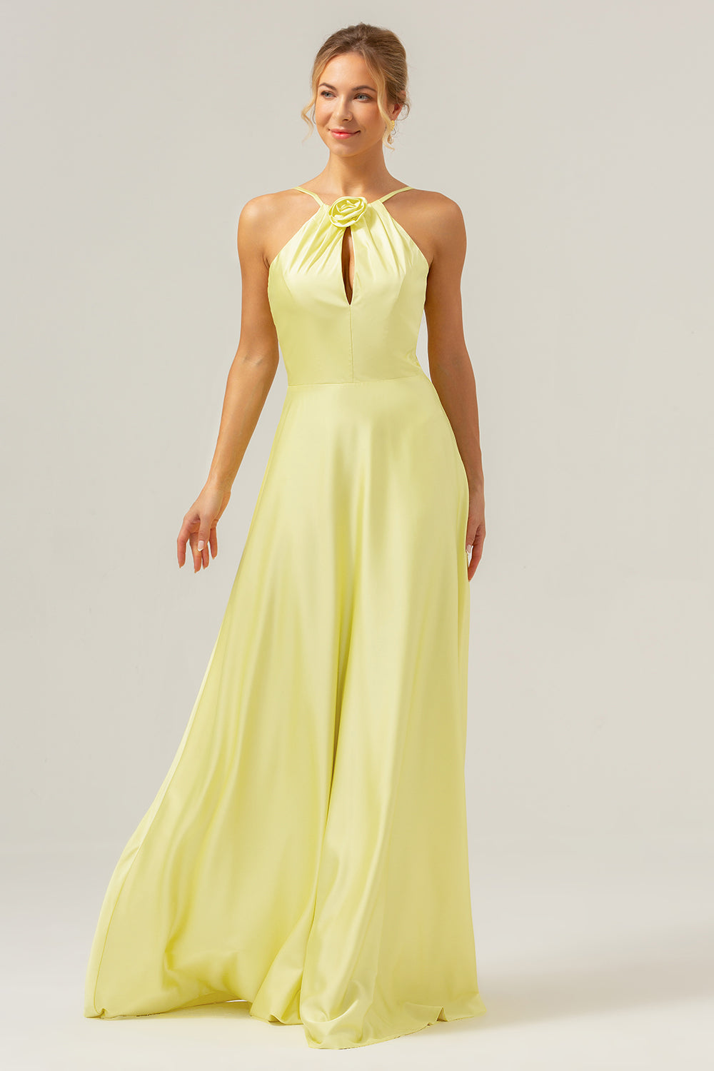 Yellow A-Line Halter Cut-Out Backless Long Bridesmaid Dress with Flower