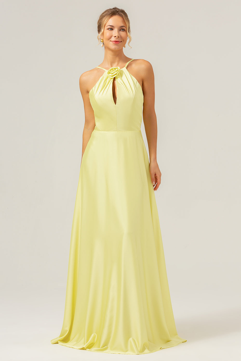 Yellow A-Line Halter Cut-Out Backless Long Bridesmaid Dress with Flower
