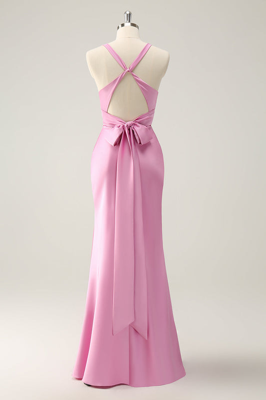 Pink Mermaid V-Neck Satin Long Bridesmaid Dress